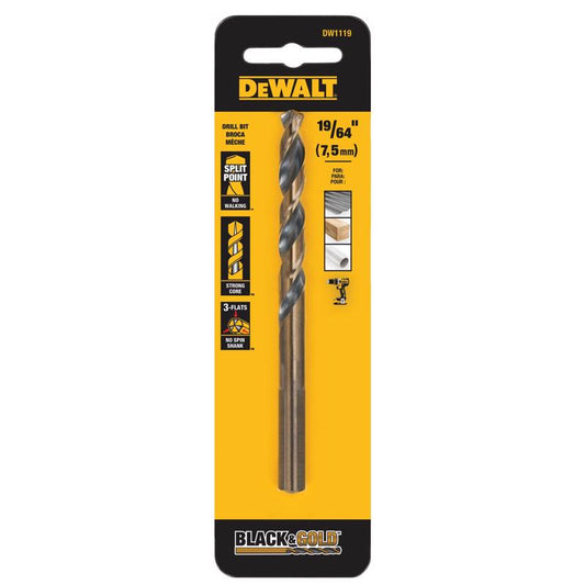 DeWalt Black & Gold 19/64 in. High Speed Steel Split Point Drill Bit 3-Flat Shank 1 pk