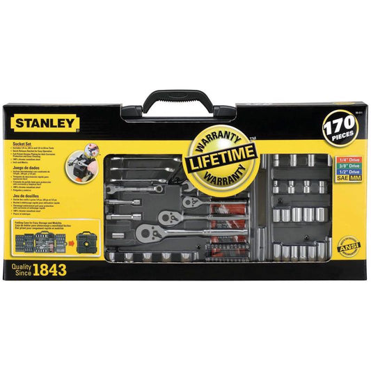 Stanley 1/4 & 3/8 & 1/2 in. drive Metric/SAE Socket and Ratchet Set 170 pc