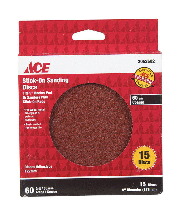 Ace 5 in. Aluminum Oxide Adhesive Sanding Disc 60 Grit Coarse 15 pk