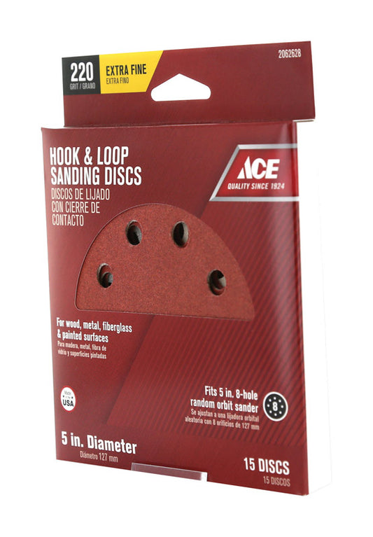 Ace 5 in. Aluminum Oxide Hook and Loop Sanding Disc 220 Grit Very Fine 15 pk
