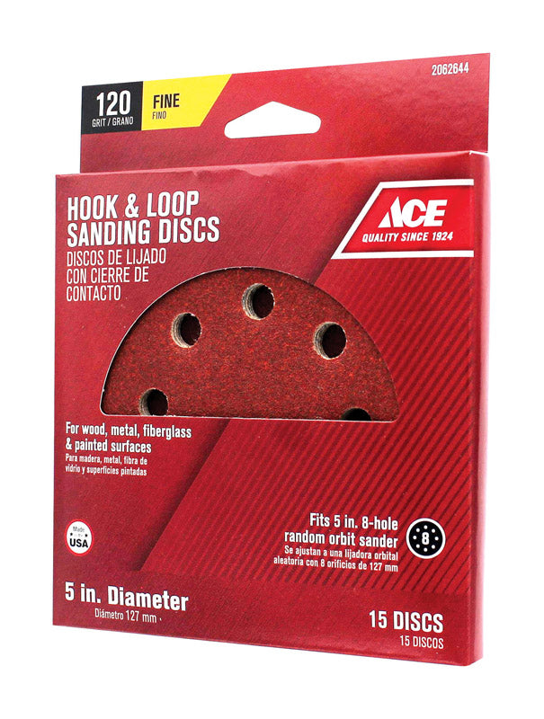 Ace 5 in. Aluminum Oxide Hook and Loop Sanding Disc 120 Grit Fine 15 pk