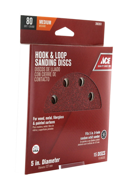 Ace 5 in. Aluminum Oxide Hook and Loop Sanding Disc 80 Grit Medium 15 pk