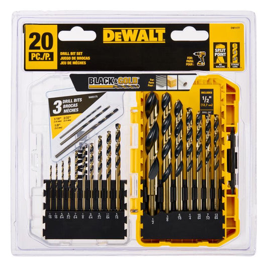 DeWalt BLACK & GOLD High Speed Steel Split Point Drill Bit Set Straight Shank 20 pc