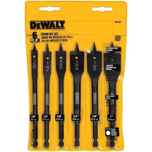 DeWalt High Speed Steel Spade Drill Bit Set Hex Shank 6 pc