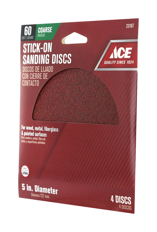 Ace 5 in. Aluminum Oxide Adhesive Sanding Disc 60 Grit Coarse 4 pk
