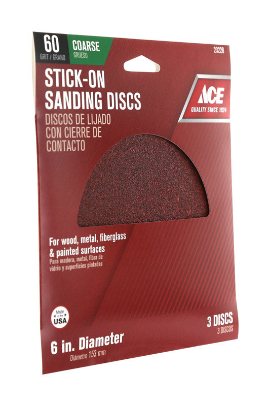 Ace 6 in. Aluminum Oxide Adhesive Sanding Disc 60 Grit Coarse 3 pk