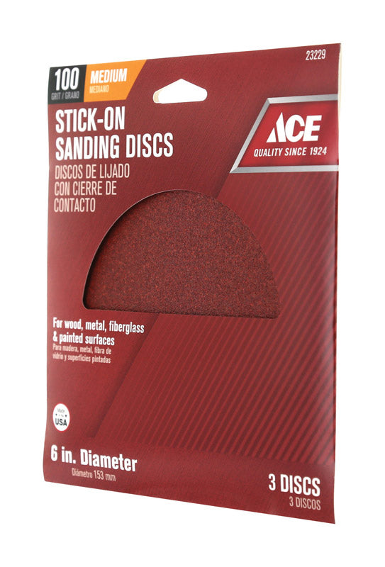Ace 6 in. Aluminum Oxide Adhesive Sanding Disc 100 Grit Medium 3 pk