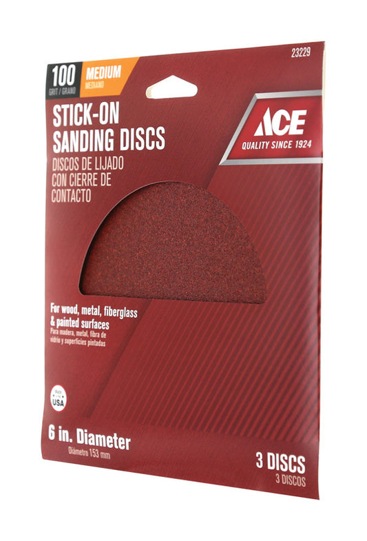 Ace 6 in. Aluminum Oxide Adhesive Sanding Disc 100 Grit Medium 3 pk