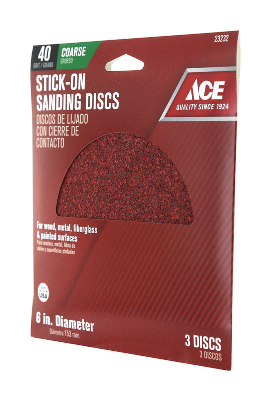 Ace 6 in. Aluminum Oxide Adhesive Sanding Disc 40 Grit Extra Coarse 3 pk