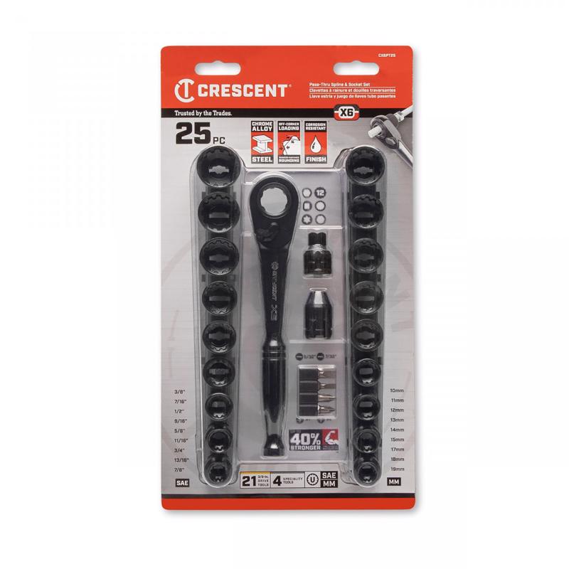 Crescent X6 3/8 in. drive Metric/SAE 12 Point Socket and Ratchet Set 25 pc
