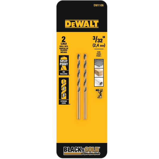 DeWalt Black & Gold 3/32 in. X 2-1/4 in. L High Speed Steel Split Point Drill Bit Round Shank 2 pc