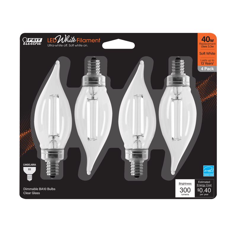 Feit White BA10 E12 (Candelabra) Filament LED Bulb Soft White 40 Watt Equivalence 4 pk