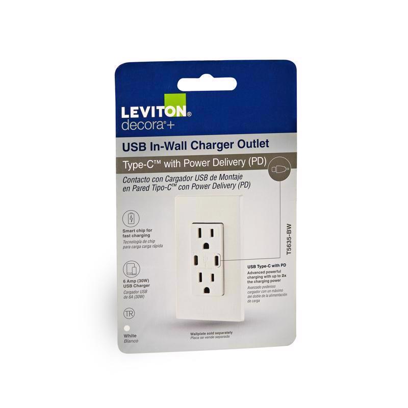 Leviton Decora 15 amps 125 V Duplex and Type C White Outlet and USB Charger 5-15R 1 pk