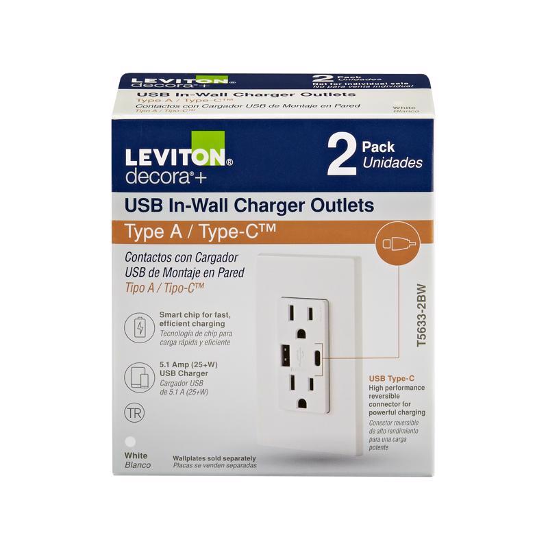 Leviton Decora 15 amps Type A/C Duplex White Outlet and USB Charger 5-15R 2 pk