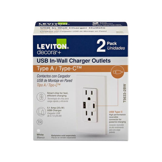 Leviton Decora 15 amps Type A/C Duplex White Outlet and USB Charger 5-15R 2 pk