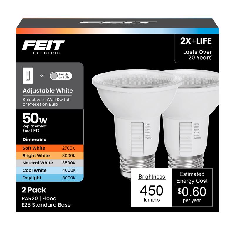 Feit PAR20 E26 (Medium) LED Floodlight Bulb Adjustable White 50 Watt Equivalence 2 pk