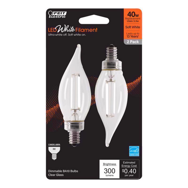 Feit White BA10 E12 (Candelabra) Filament LED Bulb Soft White 40 Watt Equivalence 2 pk