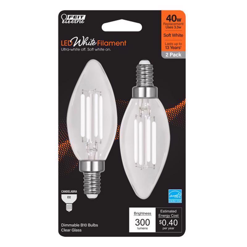 Feit White B10 E12 (Candelabra) Filament LED Bulb Soft White 40 Watt Equivalence 2 pk