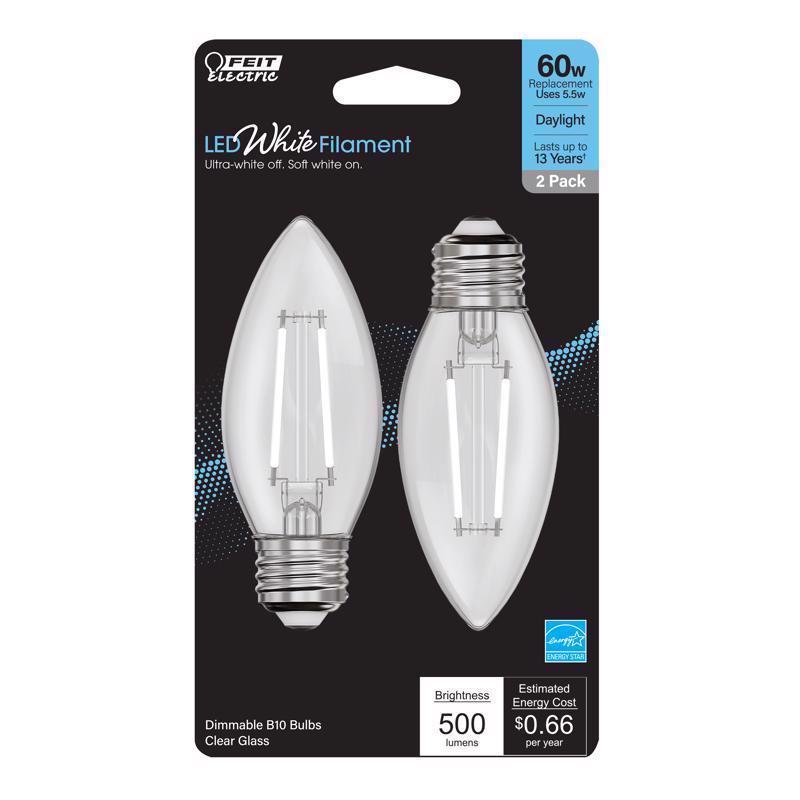 Feit White B10 E26 (Medium) Filament LED Bulb Daylight 60 Watt Equivalence 2 pk