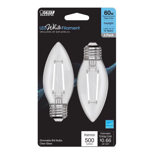 Feit White B10 E26 (Medium) Filament LED Bulb Daylight 60 Watt Equivalence 2 pk