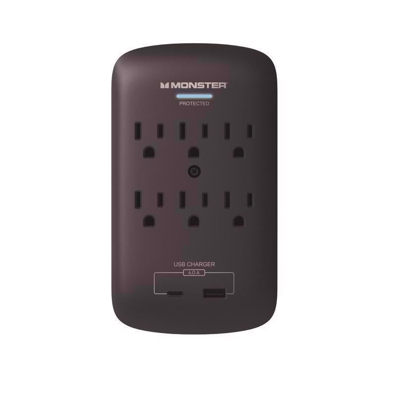 Monster Just Power it Up 0 ft. L 6 outlets Wall Tap Surge Protector w/USB Black 1200 J