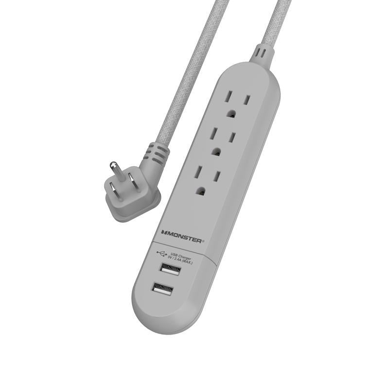 Monster Just Power It Up 4 ft. L 3 outlets Power Strip Gray
