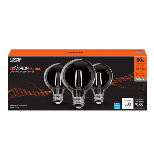 Feit White G25 E26 (Medium) Filament LED Bulb Soft White 60 Watt Equivalence 3 pk