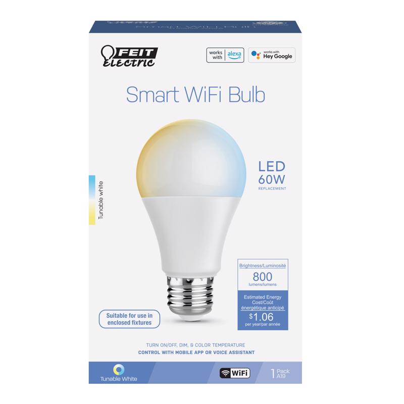 Feit A19 E26 (Medium) Smart-Enabled LED Bulb Adjustable White 60 Watt Equivalence 1 pk