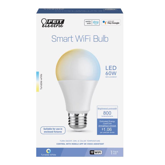 Feit A19 E26 (Medium) Smart-Enabled LED Bulb Adjustable White 60 Watt Equivalence 1 pk
