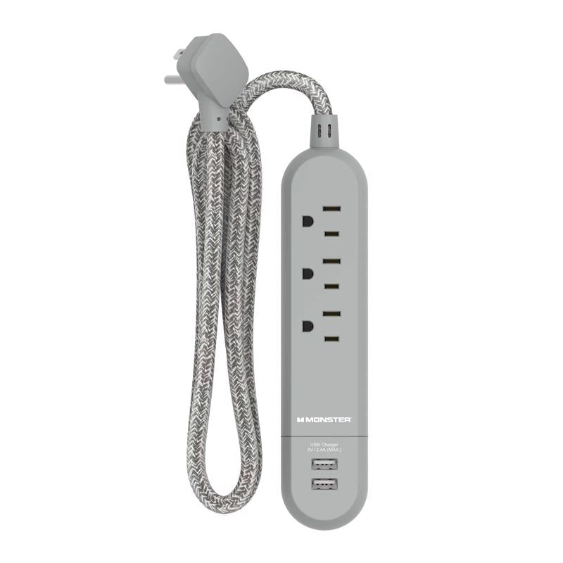 Monster 4 ft. L 3 outlets Power Strip with USB Ports Gray