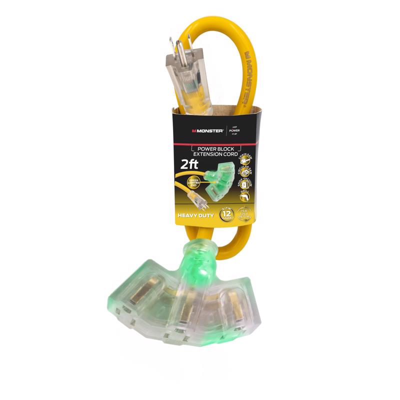 Monster Just Power It Up Outdoor 2 ft. L Yellow Extension Cord 12/3 SJTW