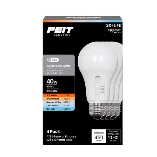 Feit A19 E26 (Medium) LED Bulb Adjustable White 40 Watt Equivalence 4 pk
