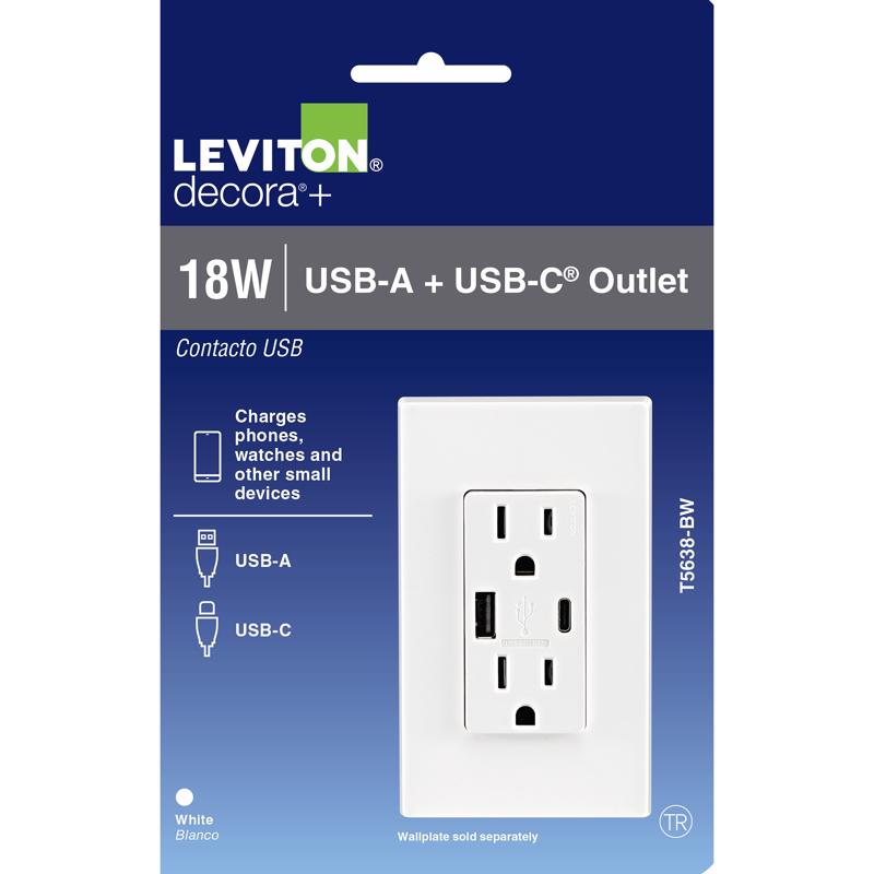 Leviton Decora 15 amps 125 V Type A/C Duplex White Outlet and USB Charger 5-15R 1 pk