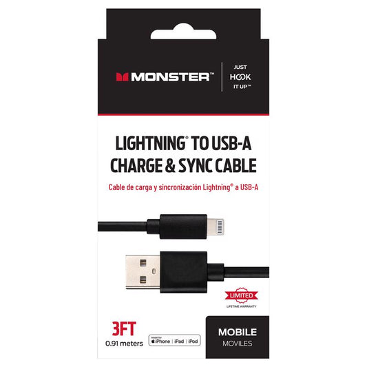 Monster Just Hook It Up Lightning to USB-A Charge and Sync Cable 3 ft. Black