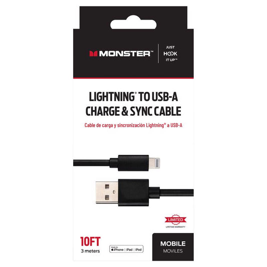 Monster Just Hook It Up Lightning to USB-A Charge and Sync Cable 10 ft. Black