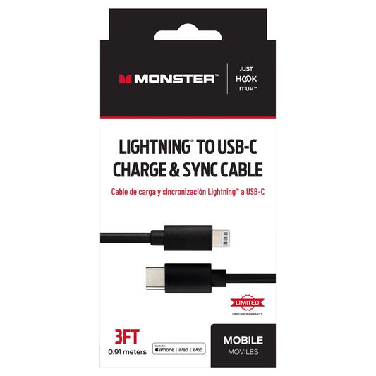 Monster Just Hook It Up Lightning to USB-C Charge and Sync Cable 3 ft. Black
