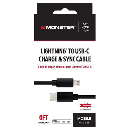 Monster Just Hook It Up Lightning to USB-C Charge and Sync Cable 6 ft. Black