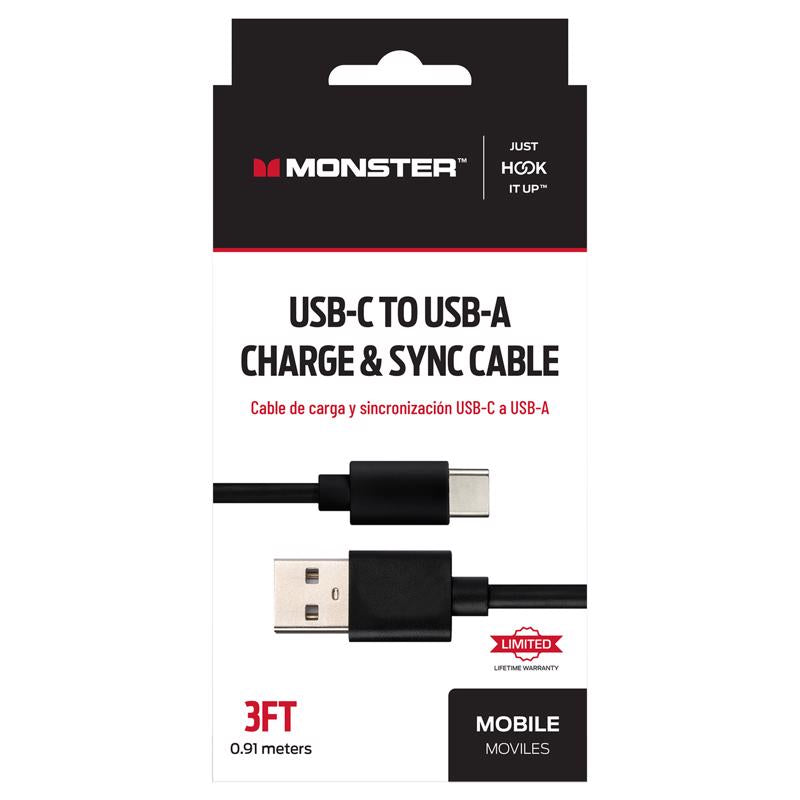 Monster Just Hook It Up USB-C to USB-A Charge and Sync Cable 3 ft. Black