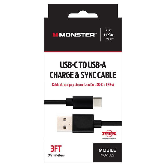 Monster Just Hook It Up USB-C to USB-A Charge and Sync Cable 3 ft. Black