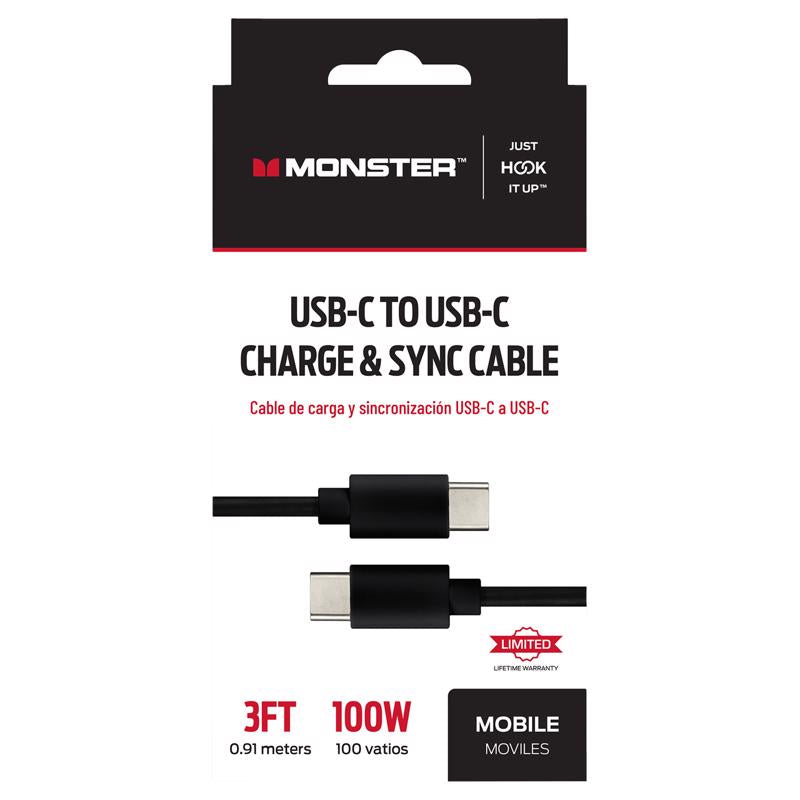 Monster Just Hook It Up Type C to Type C Charge and Sync Cable 3 ft. Black
