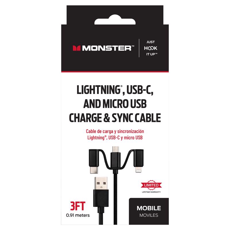 Monster Just Hook It Up Lightning to USB and Micro to USB Charge and Sync Cable Assortment 3 ft. Bla