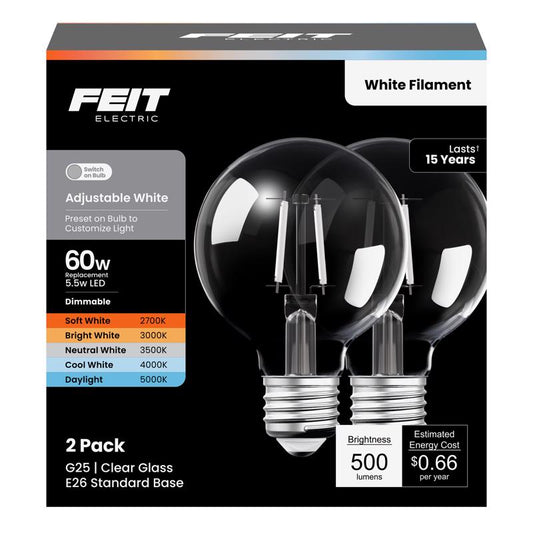 Feit G25 E26 (Medium) LED Bulb Adjustable White 60 Watt Equivalence 2 pk