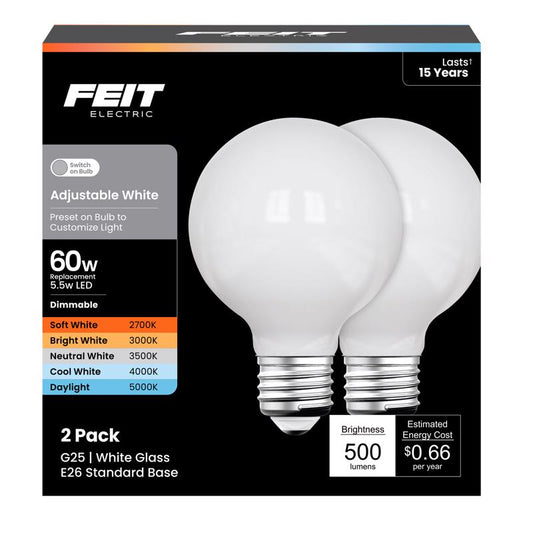 Feit G25 E26 (Medium) LED Bulb Adjustable White 60 Watt Equivalence 1 pk