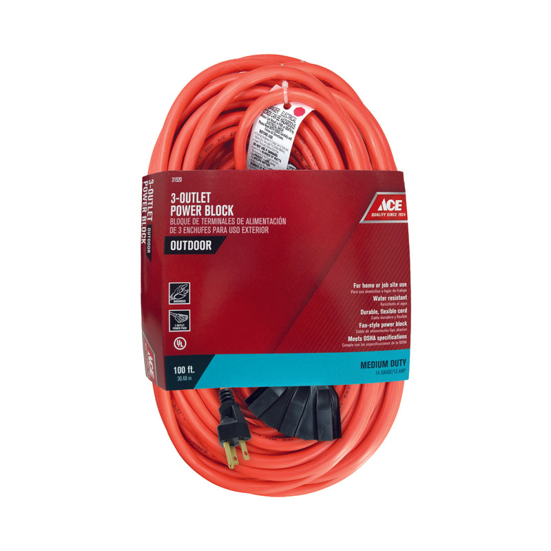 Ace Indoor or Outdoor 100 ft. L Orange Triple Outlet Cord 14/3 SJTW