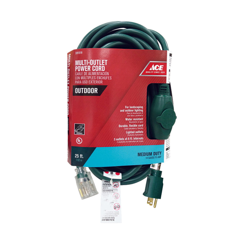 Ace Outdoor 25 ft. L Green Triple Outlet Cord 14/3 STW