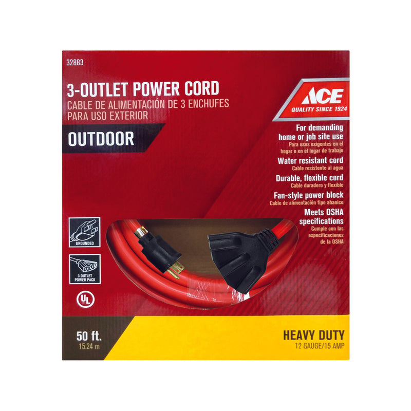 Ace Indoor or Outdoor 50 ft. L Orange Triple Outlet Cord 12/3 STW
