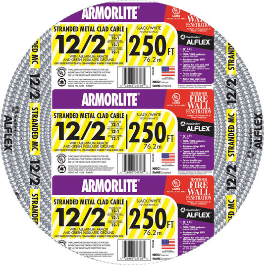 Southwire 250 ft. 12/2 Stranded Aluminum Armored MC Metal Clad Cable
