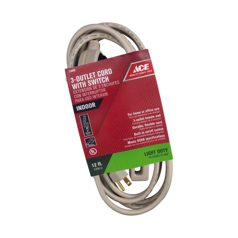 Ace Indoor 12 ft. L Beige Triple Outlet Cord 16/3 SJT