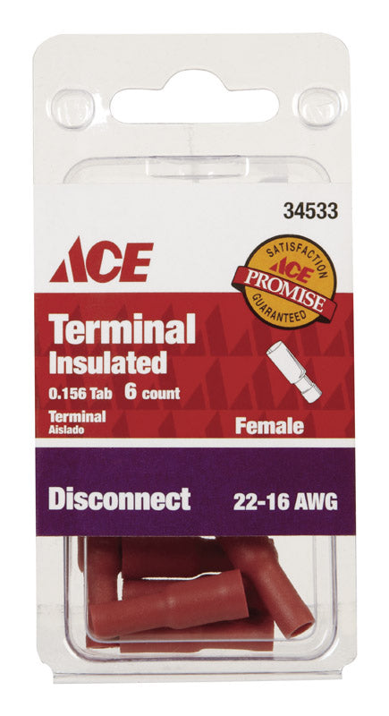Ace Insulated Wire Female Disconnect Red 6 pk