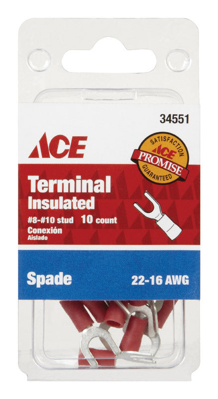 Ace Insulated Wire Spade Terminal Red 10 pk